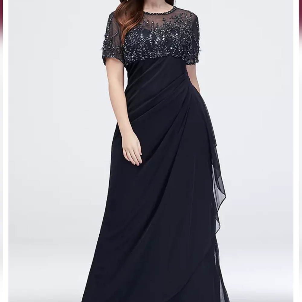 Xscape Beaded illusion short sleeves cascading draped side ruffle maxi gown